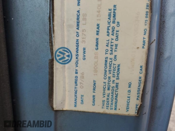 1986 Volkswagen Golf с VIN 1VWBA0174GV083346, выставлен на аукционе Copart как лот 56159175 с пробегом 175 960 миль миль и Списание • Salvage title. История ставок и продаж доступна на DreamBid. Изображение 12.