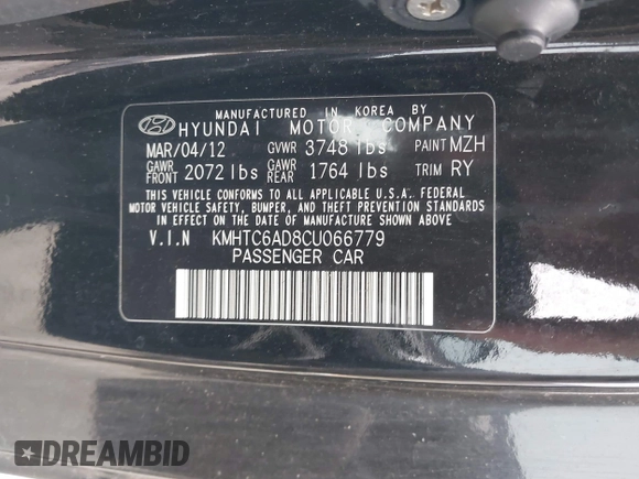 2012 Hyundai Veloster w/Black Int with VIN KMHTC6AD8CU066779, listed as a IAAI auction lot 41699960 with 160,875 mi miles and . Bid and sale history available at DreamBid. Image 9.
