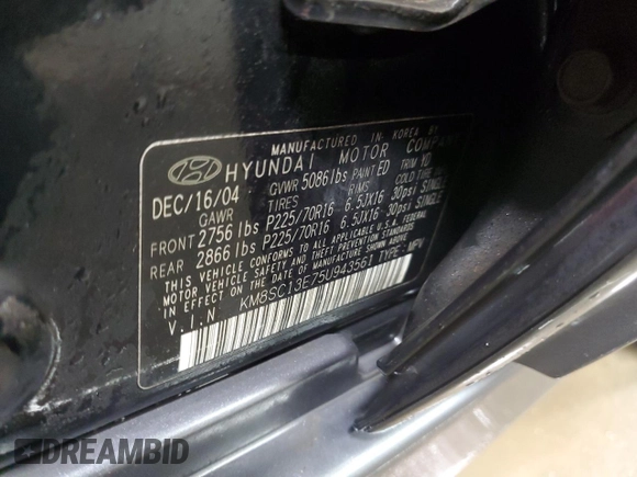 2005 Hyundai Santa Fe GLS with VIN KM8SC13E75U943561, listed as a Copart auction lot 45526195 with 98,640 mi miles and Salvage Title. Bid and sale history available at carsss.com. Image 13.
