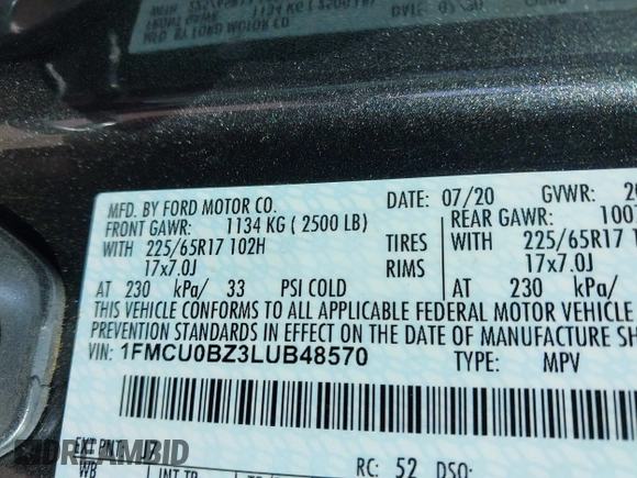 2020 Ford Escape SE Sport Hybrid with VIN 1FMCU0BZ3LUB48570, listed as a IAAI auction lot 41729696 with 65,714 mi miles and . Bid and sale history available at carsss.com. Image 9.