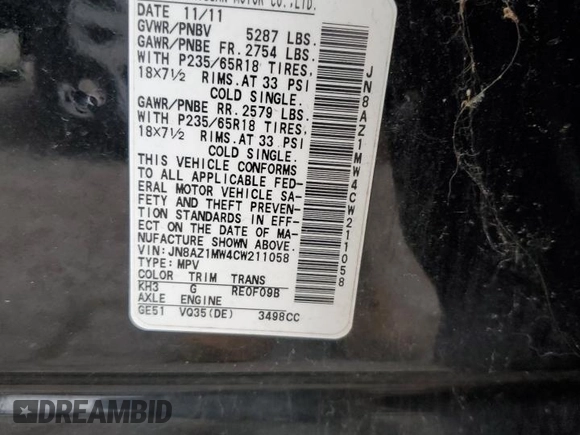 2012 Nissan Murano S with VIN JN8AZ1MW4CW211058, listed as a Copart auction lot 81328324 with 116,921 mi miles and Salvage Title. Bid and sale history available at DreamBid. Image 13.