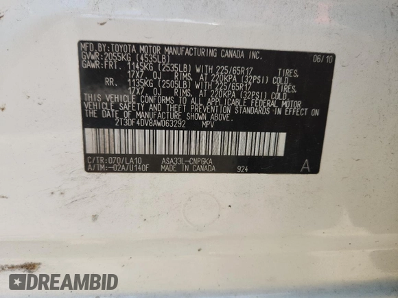 2010 Toyota RAV4 Limited with VIN 2T3DF4DV8AW063292, listed as a Copart auction lot 63687985 with 173,931 mi miles and Salvage title. Bid and sale history available at DreamBid. Image 12.