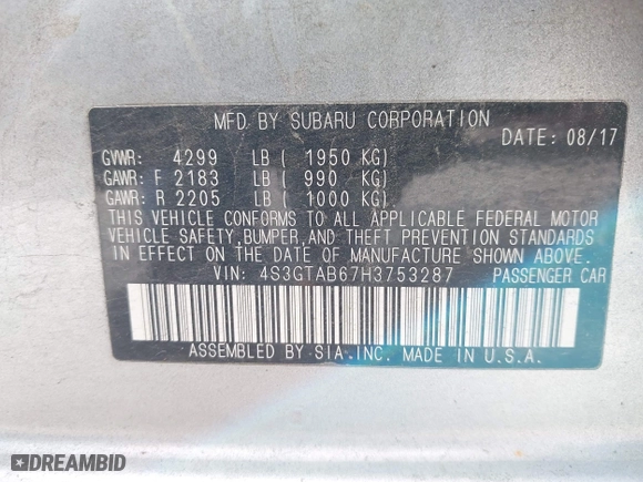 2017 Subaru Impreza Premium with VIN 4S3GTAB67H3753287, listed as a IAAI auction lot 42075877 with 55,247 mi miles. Bid and sale history available at carsss.com. Image 9.
