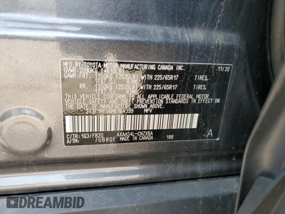 2021 Toyota RAV4 LE with VIN 2T3F1RFV6MC164399, listed as a Copart auction lot 56422785 with 72,027 mi miles and Salvage title. Bid and sale history available at DreamBid. Image 14.