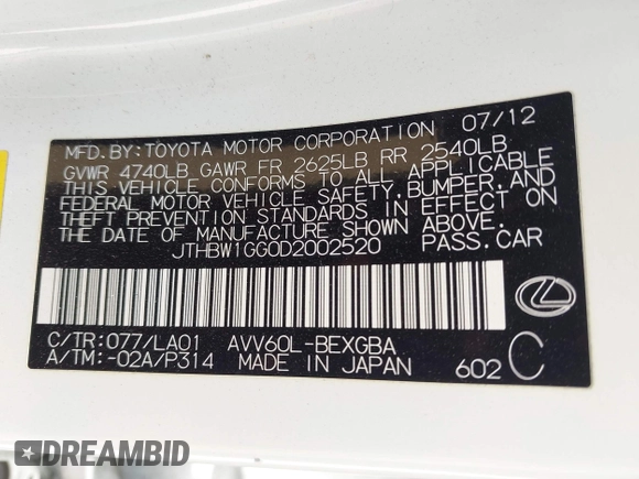 2013 Lexus ES 300h Hybrid with VIN JTHBW1GG0D2002520, listed as a IAAI auction lot 42049567 with 195,538 mi miles. Bid and sale history available at carsss.com. Image 9.