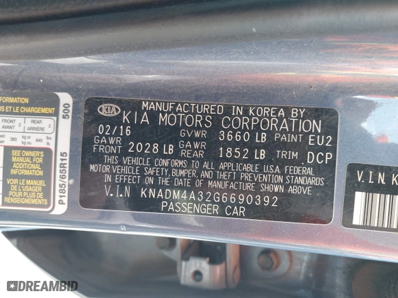 2016 Kia Rio LX with VIN KNADM4A32G6690392, listed as a IAAI auction lot 42075112 with 122,212 mi miles. Bid and sale history available at carsss.com. Image 9.
