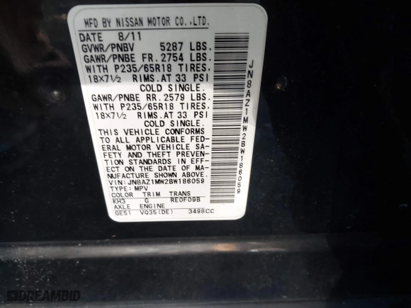 2011 Nissan Murano SV with VIN JN8AZ1MW2BW186059, listed as a IAAI auction lot 41432417 with 999,999 mi miles. Bid and sale history available at carsss.com. Image 9.