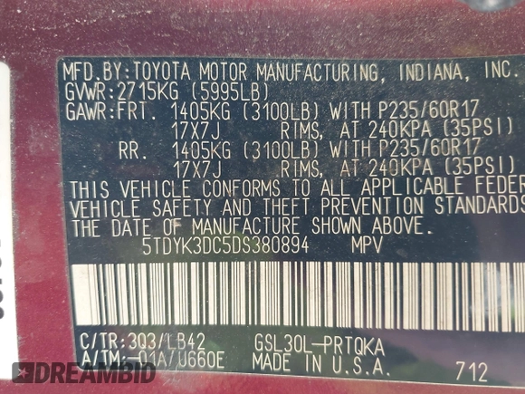 2013 Toyota Sienna XLE AAS z VIN 5TDYK3DC5DS380894, wystawiony jako IAAI lot #42271097 z przebiegiem 145 494 mil mil oraz . Historia ofert i sprzedaży dostępna na DreamBid. Obrazek 9.