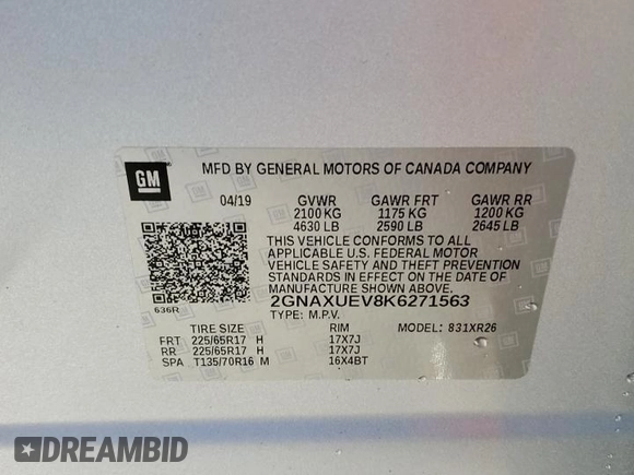 2019 Chevrolet Equinox LT with VIN 2GNAXUEV8K6271563, listed as a Copart auction lot 85130284 with Not Provided miles and Non Repairable. Bid and sale history available at carsss.com. Image 13.