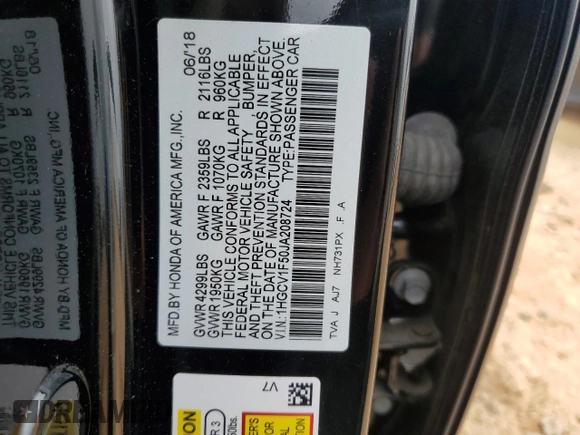 2018 Honda Accord EX-L z VIN 1HGCV1F50JA208724, wystawiony jako Copart lot #54651615 z przebiegiem 139 290 mil mil oraz Szkoda całkowita • Salvage title. Historia ofert i sprzedaży dostępna na DreamBid. Obrazek 12.