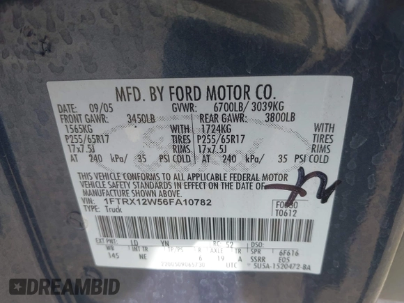 2006 Ford F-150 STX with VIN 1FTRX12W56FA10782, listed as a IAAI auction lot 41878388 with 247,765 mi miles. Bid and sale history available at carsss.com. Image 9.