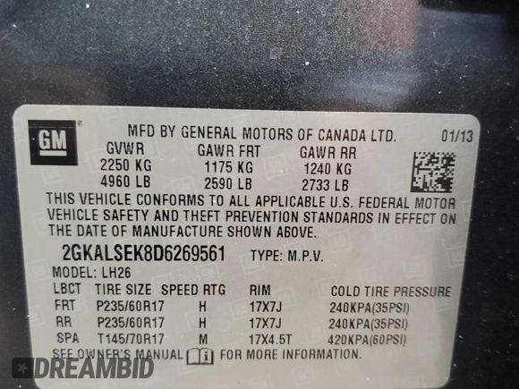 2013 GMC Terrain SLE z VIN 2GKALSEK8D6269561, wystawiony jako Copart lot #85275764 z przebiegiem Nie podano mil oraz Szkoda całkowita • Salvage title. Historia ofert i sprzedaży dostępna na DreamBid. Obrazek 14.