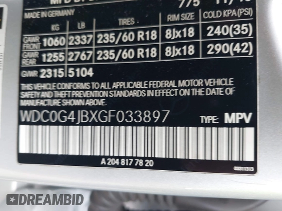 2016 Mercedes-Benz GLC with VIN WDC0G4JBXGF033897, listed as a IAAI auction lot 39965363 with 114,093 mi miles. Bid and sale history available at carsss.com. Image 9.