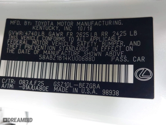 2019 Lexus ES with VIN 58ABZ1B14KU006880, listed as a IAAI auction lot 41782635 with 115,480 mi miles. Bid and sale history available at carsss.com. Image 9.