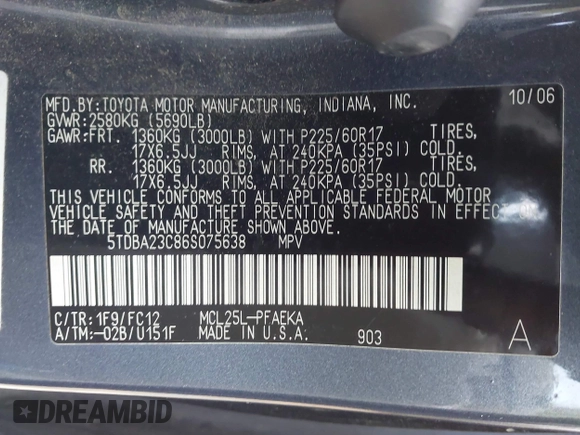 2006 Toyota Sienna LE with VIN 5TDBA23C86S075638, listed as a IAAI auction lot 41522585 with 179,377 mi miles. Bid and sale history available at carsss.com. Image 9.