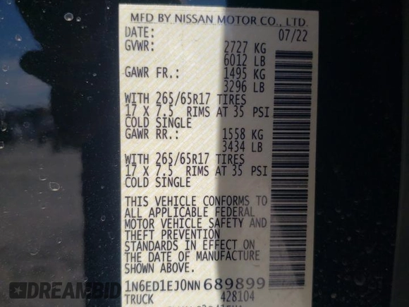 2022 Nissan Frontier SV with VIN 1N6ED1EJ0NN689899, listed as a Copart auction lot 66348834 with 31,982 mi miles and Salvage Title. Bid and sale history available at carsss.com. Image 14.