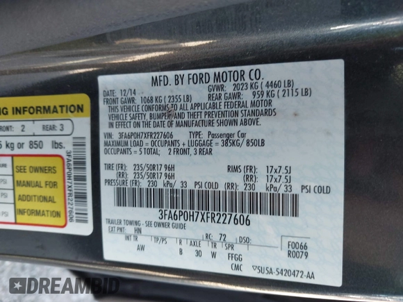 2015 Ford Fusion SE with VIN 3FA6P0H7XFR227606, listed as a IAAI auction lot 42519760 with 65,142 mi miles and . Bid and sale history available at DreamBid. Image 9.
