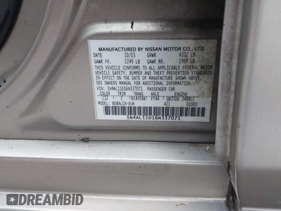 2006 Nissan Altima 2.5 S with VIN 1N4AL11D16N337071, listed as a IAAI auction lot 41444090 with 141,128 mi miles. Bid and sale history available at carsss.com. Image 9.