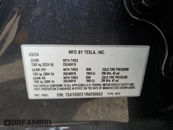 2024 Tesla Model Y Long Range with VIN 7SAYGDEE1RA266653, listed as a Copart auction lot 62277865 with 8,189 mi miles and Salvage title. Bid and sale history available at DreamBid. Image 13.