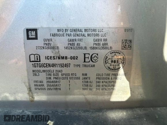 2017 GMC Canyon 4WD SLE z VIN 1GTG6CEN4H1192497, wystawiony jako Copart lot #50968085 z przebiegiem Nie podano mil oraz Szkoda całkowita • Salvage title. Historia ofert i sprzedaży dostępna na DreamBid. Obrazek 12.