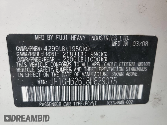 2008 Subaru Impreza with VIN JF1GH62618H829075, listed as a Copart auction lot 47355035 with 184,695 mi miles and Salvage title. Bid and sale history available at DreamBid. Image 12.