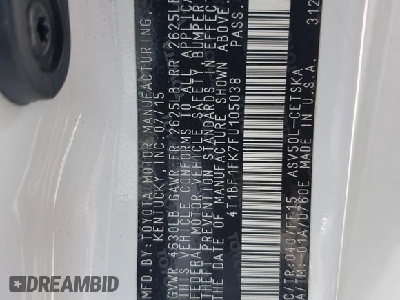 2015 Toyota Camry XLE z VIN 4T1BF1FK7FU105038, wystawiony jako Copart lot #59370355 z przebiegiem 76 870 mil mil oraz Szkoda całkowita • Salvage title. Historia ofert i sprzedaży dostępna na DreamBid. Obrazek 12.
