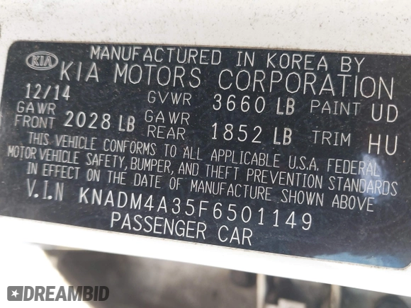 2015 Kia Rio LX with VIN KNADM4A35F6501149, listed as a IAAI auction lot 41974938 with 188,165 mi miles. Bid and sale history available at carsss.com. Image 9.