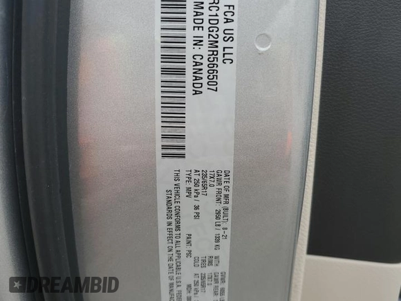 2021 Chrysler Voyager LXi with VIN 2C4RC1DG2MR566507, listed as a Copart auction lot 52033015 with 121,480 mi miles and Non Repairable. Bid and sale history available at DreamBid. Image 13.