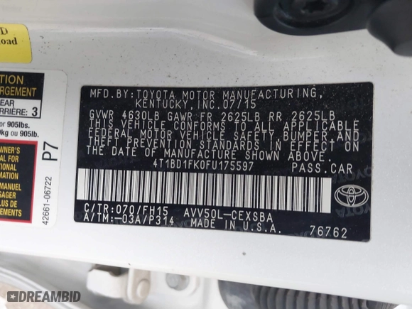 2015 Toyota Camry Hybrid LE with VIN 4T1BD1FK0FU175597, listed as a IAAI auction lot 41455315 with 116,380 mi miles. Bid and sale history available at carsss.com. Image 9.