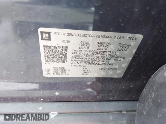 2019 Chevrolet Trax LS with VIN 3GNCJNSB9KL281783, listed as a IAAI auction lot 39713553 with 25,696 mi miles. Bid and sale history available at carsss.com. Image 9.