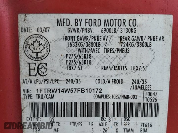 2007 Ford F-150 XLT z VIN 1FTRW14W57FB10172, wystawiony jako Copart lot #56249205 z przebiegiem 270 080 mil mil oraz Szkoda całkowita • Salvage title. Historia ofert i sprzedaży dostępna na DreamBid. Obrazek 12.