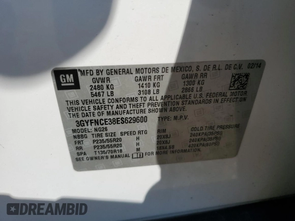 2014 Cadillac SRX Performance Collection with VIN 3GYFNCE38ES629600, listed as a Copart auction lot 61622725 with 86,183 mi miles and Salvage title. Bid and sale history available at DreamBid. Image 13.