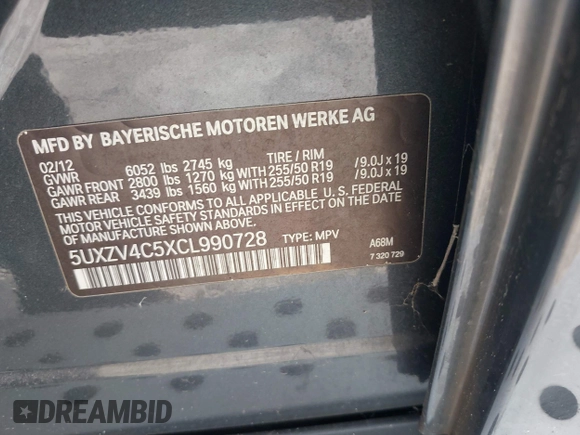 2012 BMW X5 35i z VIN 5UXZV4C5XCL990728, wystawiony jako IAAI lot #42386095 z przebiegiem 124 613 mil mil oraz . Historia ofert i sprzedaży dostępna na DreamBid. Obrazek 9.