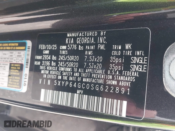 2025 Kia Telluride S with VIN 5XYP64GC0SG622891, listed as a IAAI auction lot 42781011 with 5,960 mi miles and . Bid and sale history available at DreamBid. Image 9.