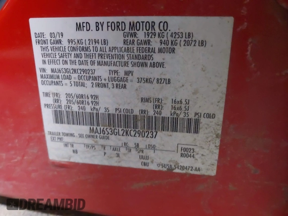 2019 Ford EcoSport SE with VIN MAJ6S3GL2KC290237, listed as a IAAI auction lot 41601265 with 108,754 mi miles and . Bid and sale history available at DreamBid. Image 9.