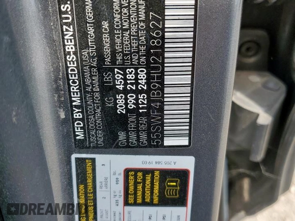 2017 Mercedes-Benz C 300 with VIN 55SWF4JB9HU218627, listed as a Copart auction lot 57801925 with Not provided miles and Clean title. Bid and sale history available at DreamBid. Image 12.
