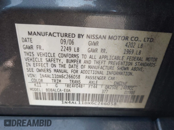 2006 Nissan Altima S with VIN 1N4AL11DX6C266058, listed as a IAAI auction lot 42388534 with 159,045 mi miles and . Bid and sale history available at DreamBid. Image 9.