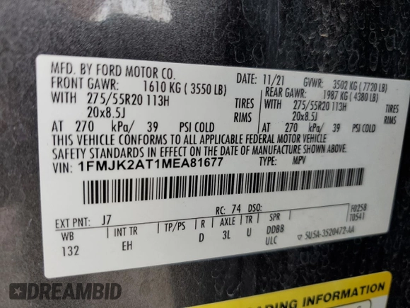 2021 Ford Expedition Max Limited с VIN 1FMJK2AT1MEA81677, выставлен на аукционе Copart как лот 60080365 с пробегом 74 062 миль миль и Списание • Salvage title. История ставок и продаж доступна на DreamBid. Изображение 14.