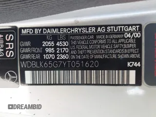 2000 Mercedes-Benz CLK with VIN WDBLK65G7YT051620, listed as a IAAI auction lot 41870818 with 141,676 mi miles. Bid and sale history available at carsss.com. Image 9.