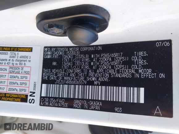 2006 Toyota 4Runner SR5 with VIN JTEZU14R868065579, listed as a IAAI auction lot 41312156 with 275,471 mi miles and . Bid and sale history available at DreamBid. Image 9.