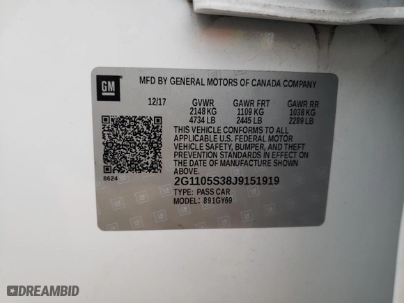 2018 Chevrolet Impala LT with VIN 2G1105S38J9151919, listed as a Copart auction lot 44452075 with 128,812 mi miles and Salvage Title. Bid and sale history available at carsss.com. Image 12.