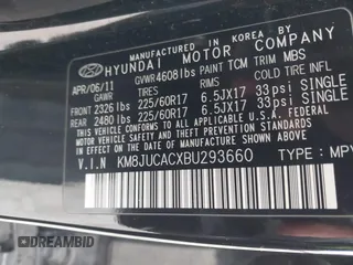 2011 Hyundai Tucson Limited with VIN KM8JUCACXBU293660, listed as a IAAI auction lot 42051931 with 99,995 mi miles and . Bid and sale history available at DreamBid. Image 9.