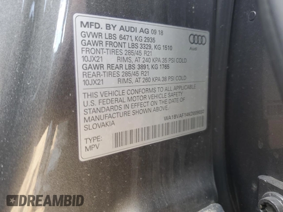 2019 Audi Q8 Premium Plus with VIN WA1BVAF14KD009032, listed as a Copart auction lot 52612715 with Not provided miles and Salvage title. Bid and sale history available at DreamBid. Image 15.