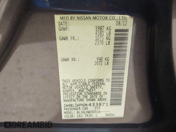 2013 Nissan Altima SL with VIN 1N4BL3APXDN433871, listed as a IAAI auction lot 42039383 with 161,200 mi miles and . Bid and sale history available at DreamBid. Image 9.