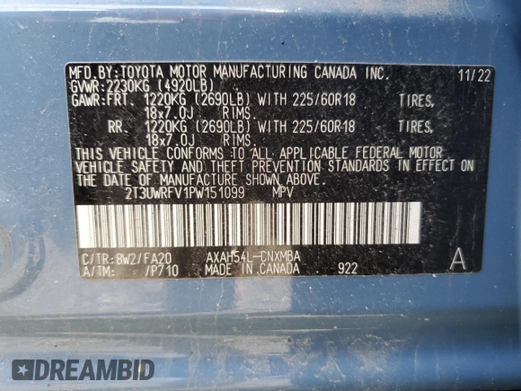 2023 Toyota RAV4 Hybrid XLE with VIN 2T3UWRFV1PW151099, listed as a Copart auction lot 54899775 with 83,437 mi miles and Salvage title. Bid and sale history available at DreamBid. Image 13.