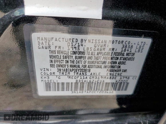 2014 Nissan Sentra SV with VIN 3N1AB7AP0EY203618, listed as a Copart auction lot 59439105 with 77,486 mi miles and Salvage title. Bid and sale history available at DreamBid. Image 13.