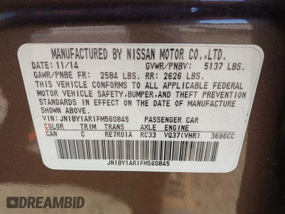 2015 Infiniti Q70 with VIN JN1BY1AR1FM560845, listed as a IAAI auction lot 42165981 with 75,767 mi miles and . Bid and sale history available at DreamBid. Image 9.