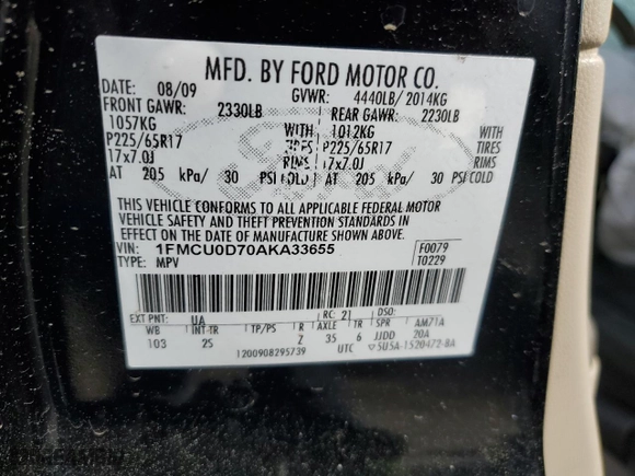 2010 Ford Escape XLT with VIN 1FMCU0D70AKA33655, listed as a Copart auction lot 49062975 with 215,822 mi miles and Non Repairable. Bid and sale history available at carsss.com. Image 13.