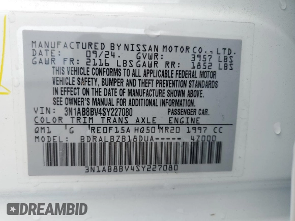 2025 Nissan Sentra S z VIN 3N1AB8BV4SY227080, wystawiony jako Copart lot #57001445 z przebiegiem 10 804 mil mil oraz Czysty tytuł • Clean title. Historia ofert i sprzedaży dostępna na DreamBid. Obrazek 12.