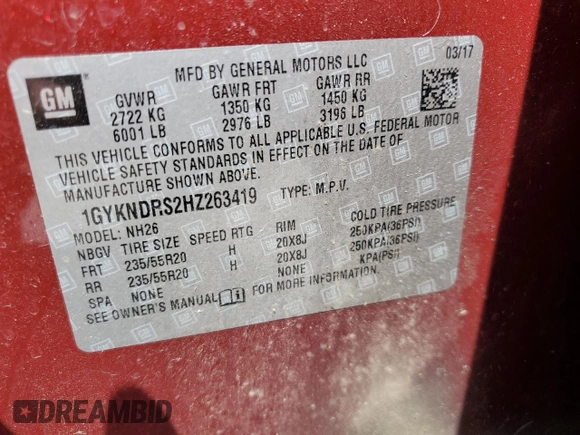 2017 Cadillac XT5 Luxury AWD with VIN 1GYKNDRS2HZ263419, listed as a Copart auction lot 63438215 with 62,982 mi miles and Salvage title. Bid and sale history available at DreamBid. Image 14.